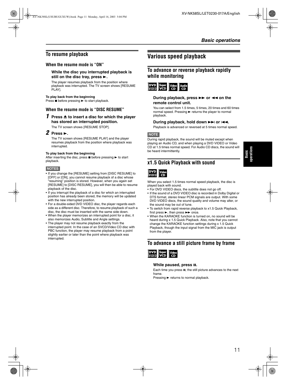 Various speed playback, X1.5 quick playback with sound, Basic operations | JVC XV-NK58SL User Manual | Page 13 / 46