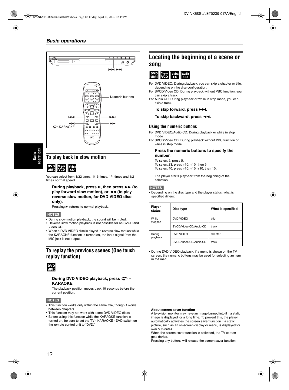 Locating the beginning of a scene or song, Basic operations | JVC XV-NK58SL User Manual | Page 14 / 46