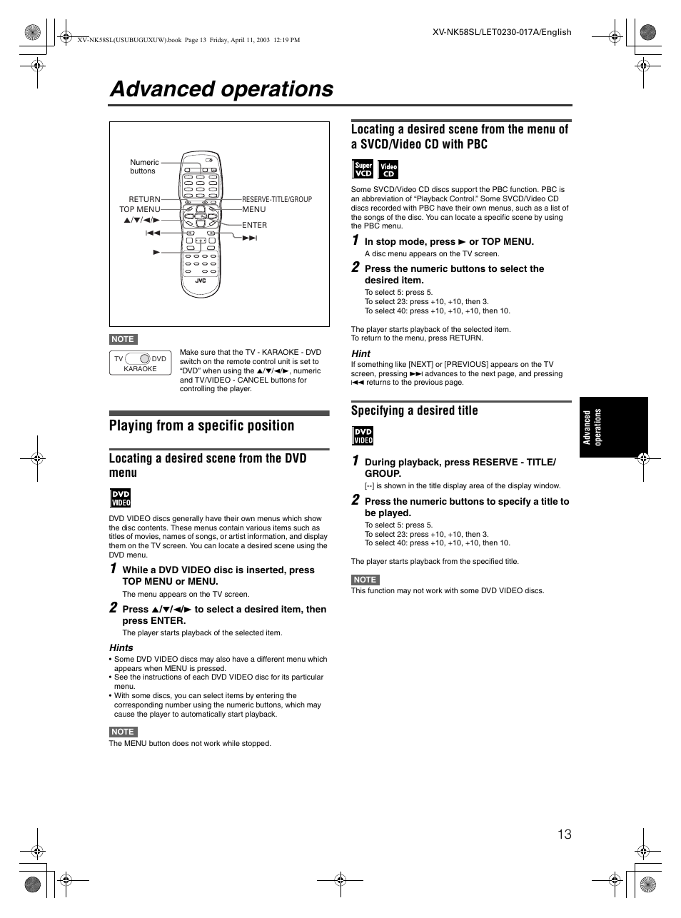 Advanced operations, Playing from a specific position, Locating a desired scene from the dvd menu | Specifying a desired title | JVC XV-NK58SL User Manual | Page 15 / 46