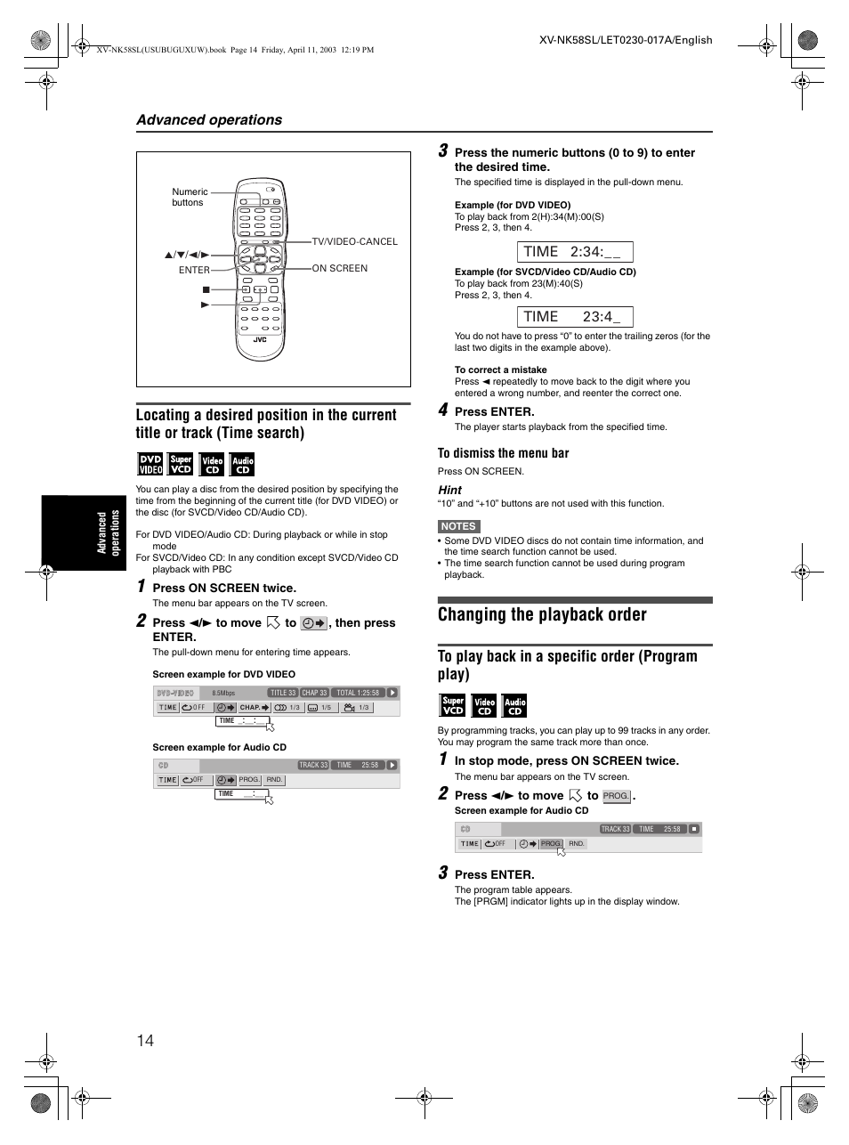 Changing the playback order, Advanced operations | JVC XV-NK58SL User Manual | Page 16 / 46