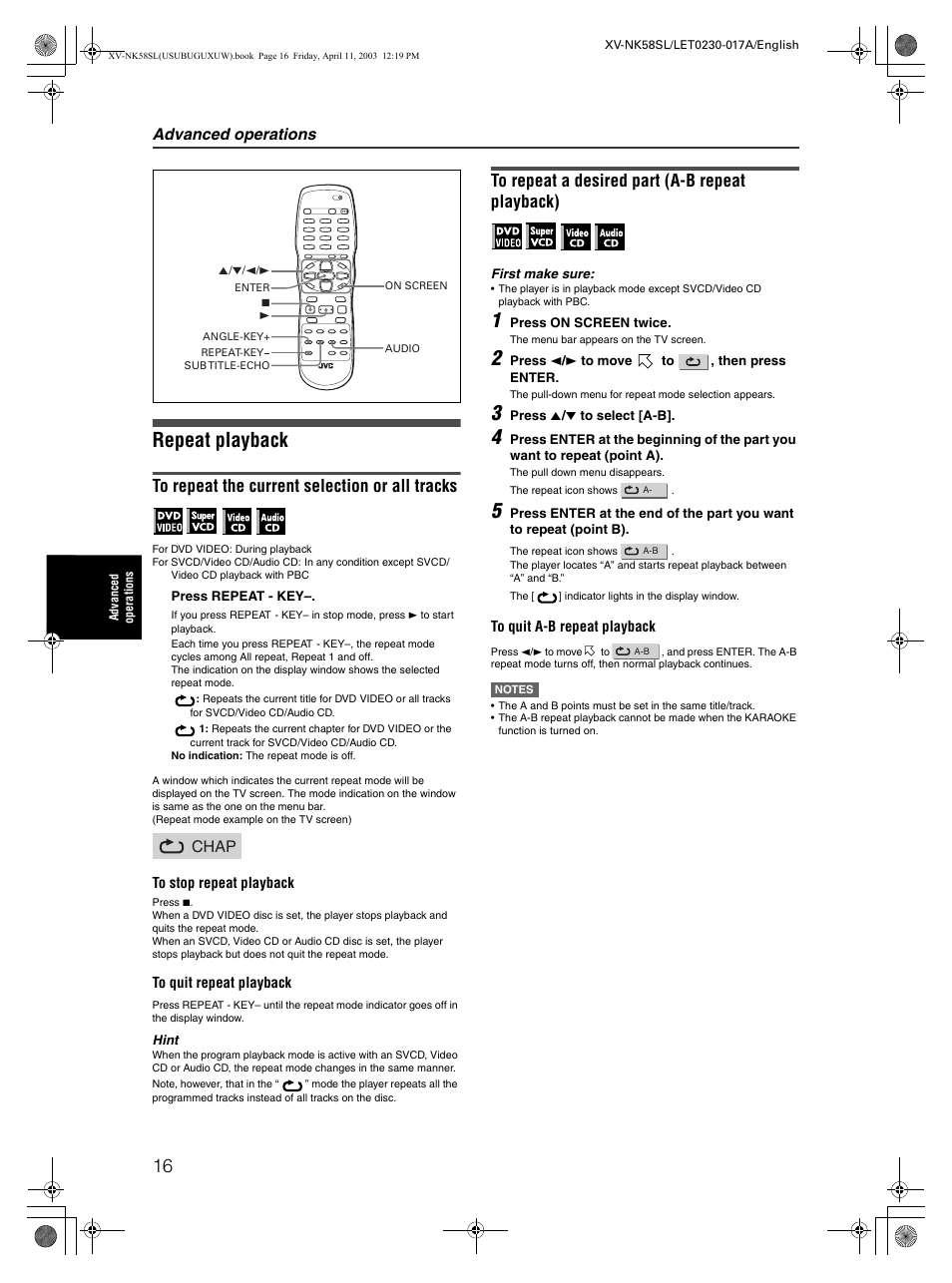 Repeat playback, Advanced operations, Chap | JVC XV-NK58SL User Manual | Page 18 / 46