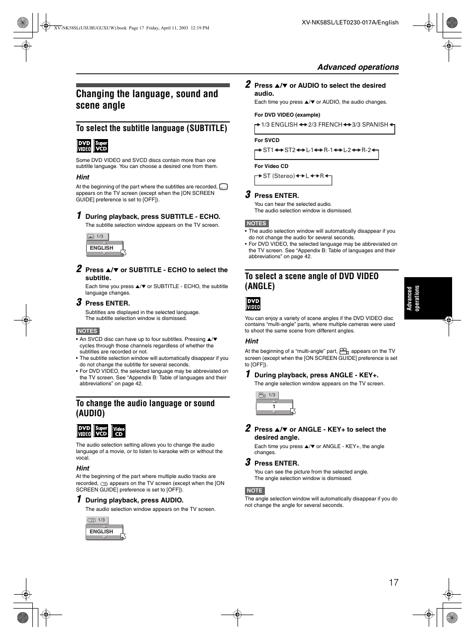 Changing the language, sound and scene angle, Advanced operations | JVC XV-NK58SL User Manual | Page 19 / 46