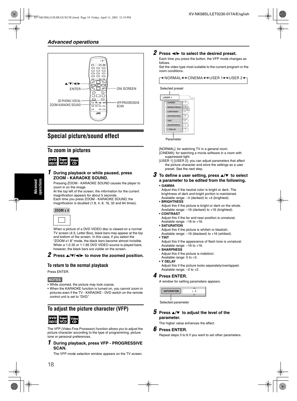 Special picture/sound effect, Advanced operations | JVC XV-NK58SL User Manual | Page 20 / 46