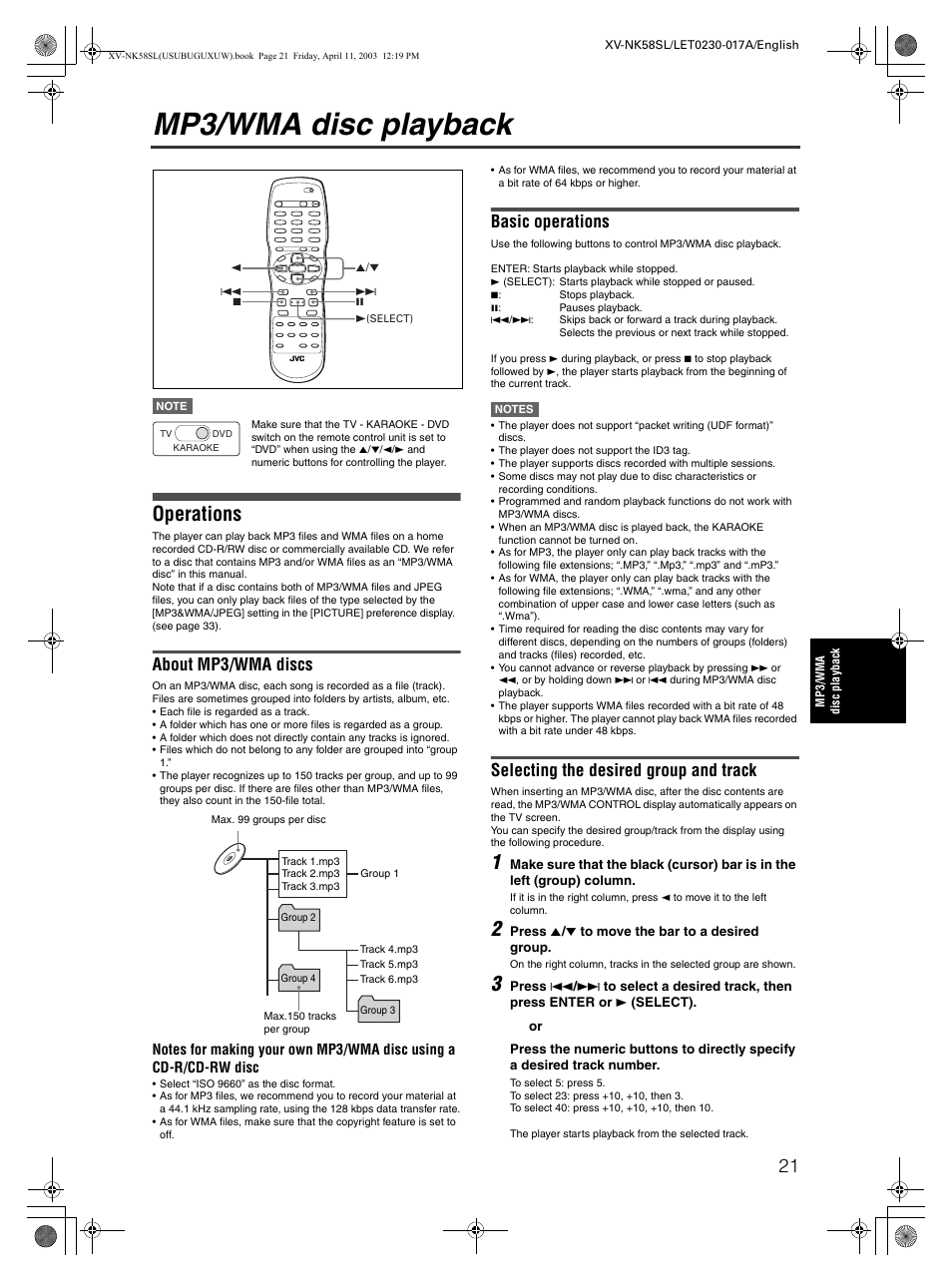 Mp3/wma disc playback, Operations, About mp3/wma discs | Basic operations, Selecting the desired group and track | JVC XV-NK58SL User Manual | Page 23 / 46
