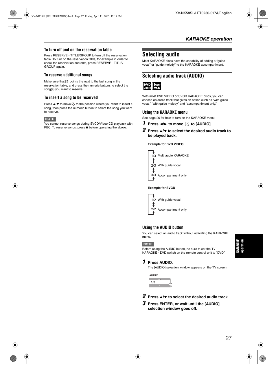 Selecting audio, Selecting audio track (audio), Karaoke operation | JVC XV-NK58SL User Manual | Page 29 / 46