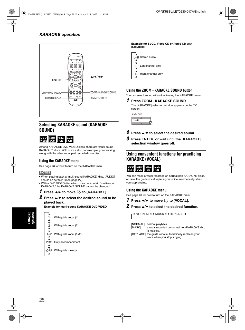 Selecting karaoke sound (karaoke sound), Karaoke operation | JVC XV-NK58SL User Manual | Page 30 / 46