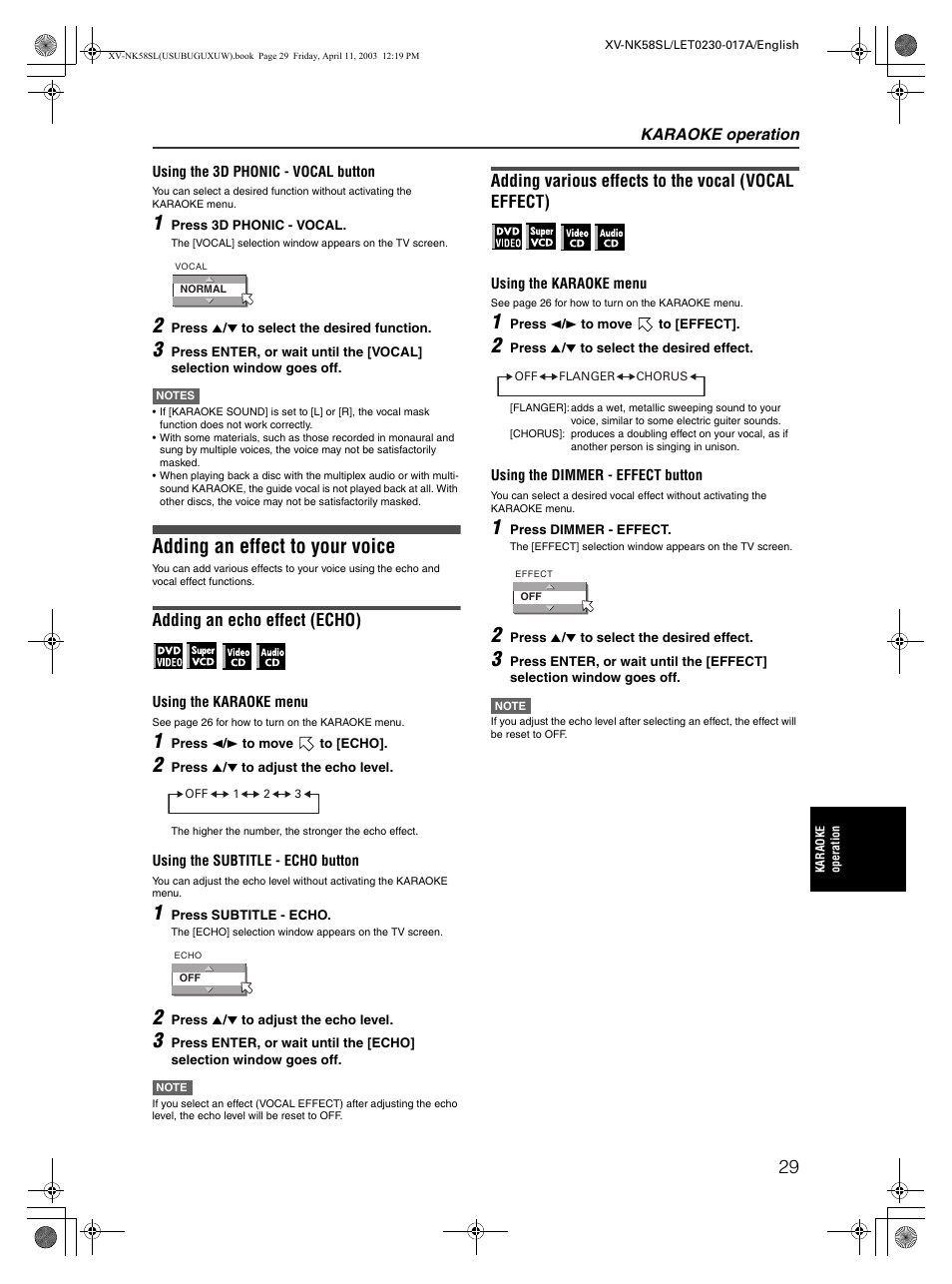 Adding an effect to your voice, Adding an echo effect (echo), Adding various effects to the vocal (vocal effect) | JVC XV-NK58SL User Manual | Page 31 / 46