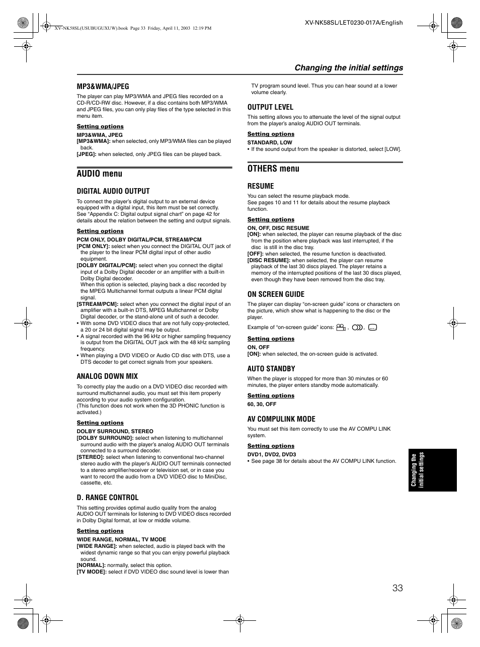 Audio menu, Others menu, Changing the initial settings | JVC XV-NK58SL User Manual | Page 35 / 46