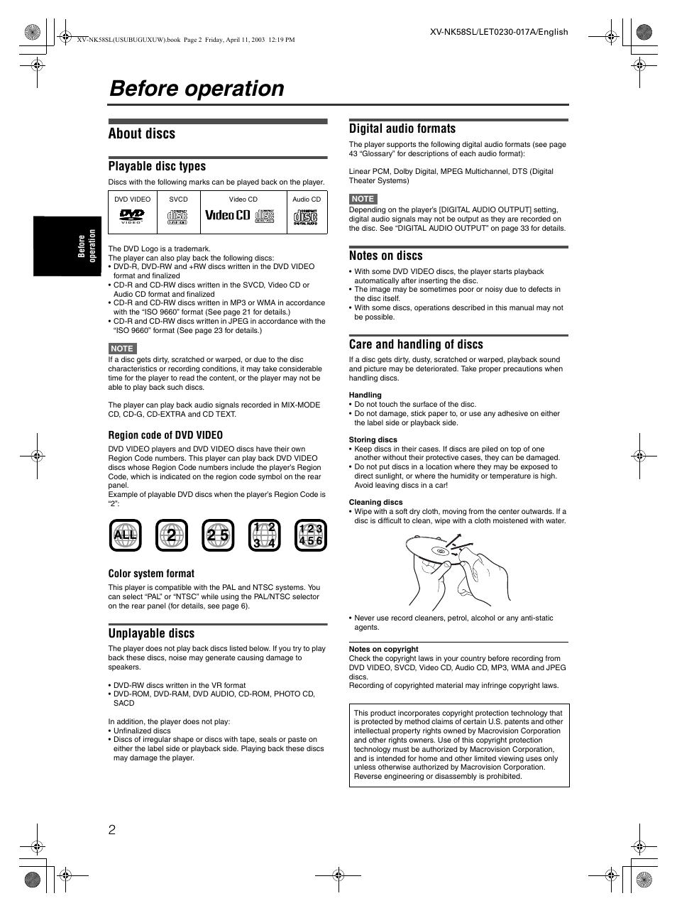 Before operation, About discs, Playable disc types | Unplayable discs, Digital audio formats, Care and handling of discs | JVC XV-NK58SL User Manual | Page 4 / 46