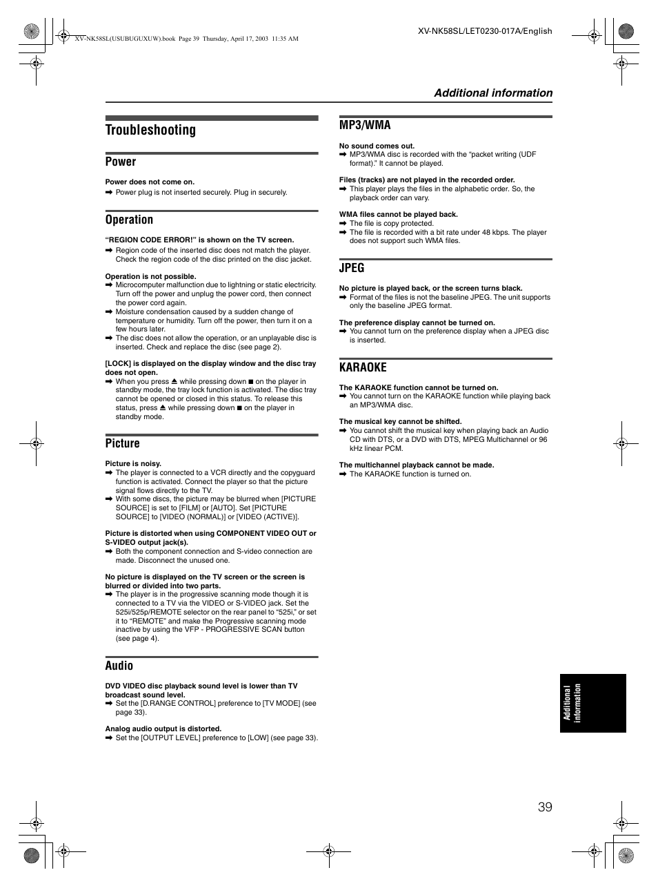 Troubleshooting, Power, Operation | Picture, Audio, Mp3/wma, Jpeg, Karaoke, Additional information | JVC XV-NK58SL User Manual | Page 41 / 46