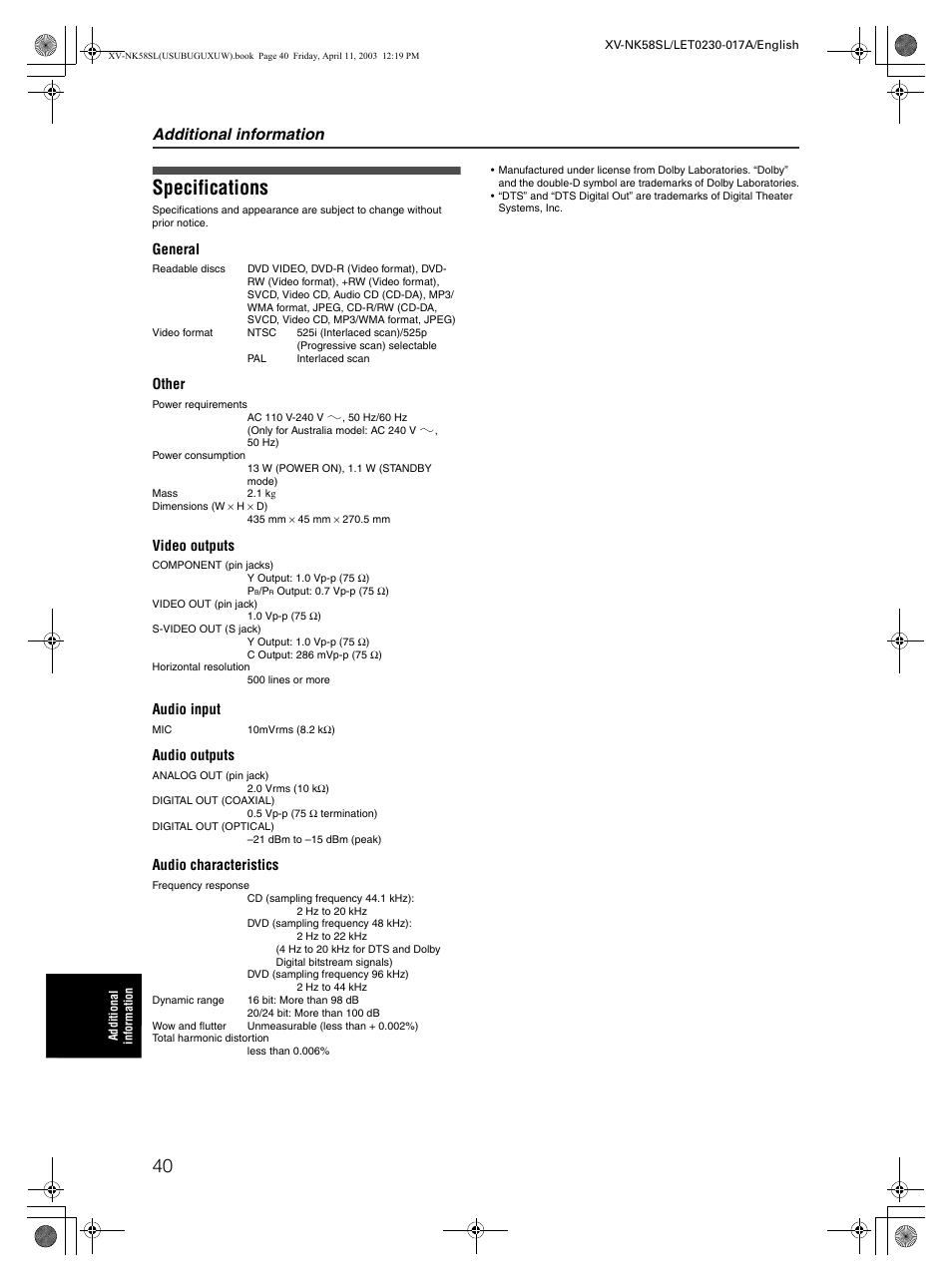 Specifications, Additional information | JVC XV-NK58SL User Manual | Page 42 / 46