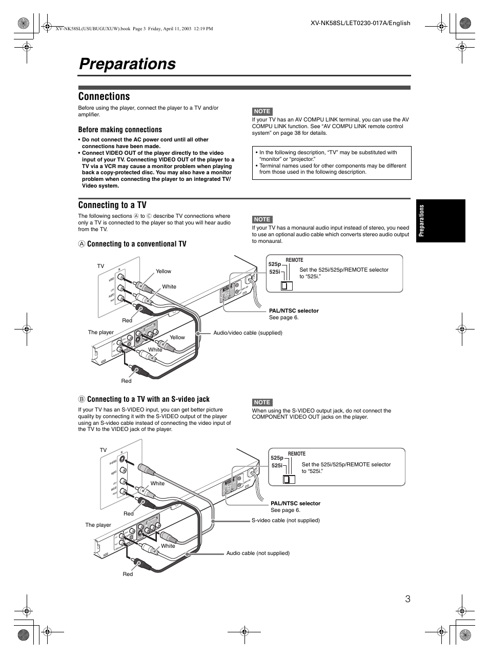 Preparations, Connections, Connecting to a tv | Before making connections, A connecting to a conventional tv, B connecting to a tv with an s-video jack | JVC XV-NK58SL User Manual | Page 5 / 46