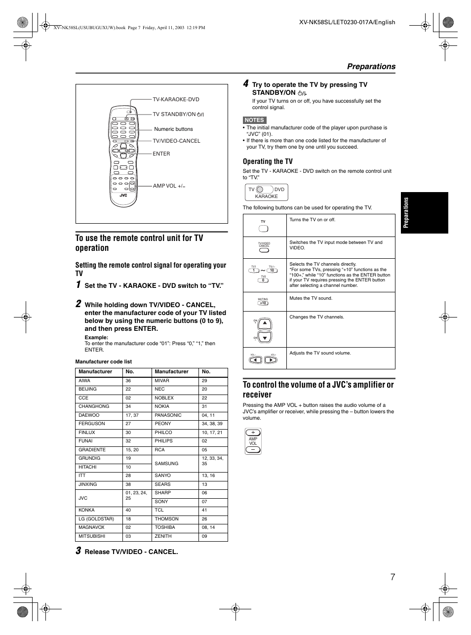 Preparations, Operating the tv | JVC XV-NK58SL User Manual | Page 9 / 46