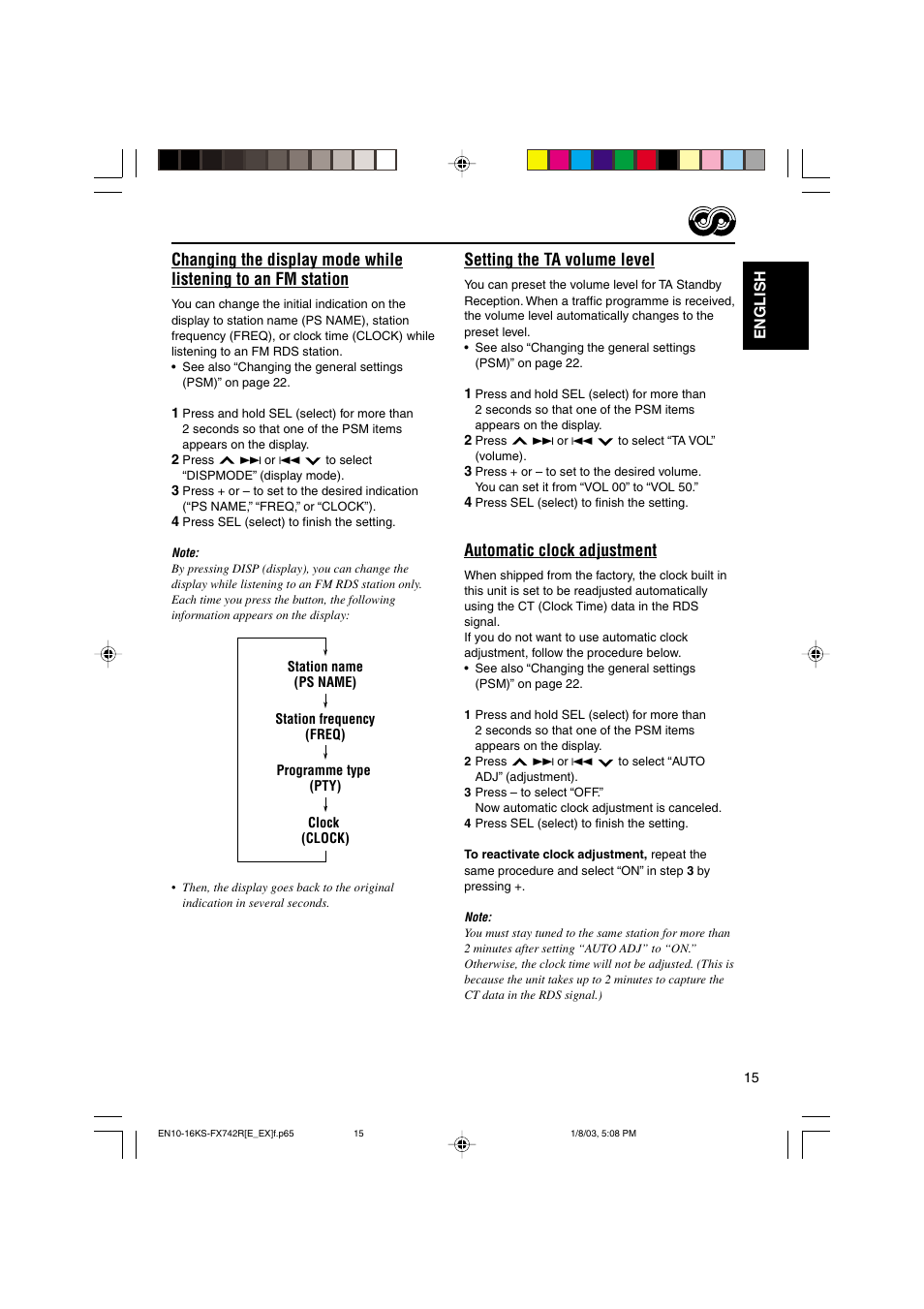 Setting the ta volume level, Automatic clock adjustment | JVC GET0114-001A User Manual | Page 15 / 42