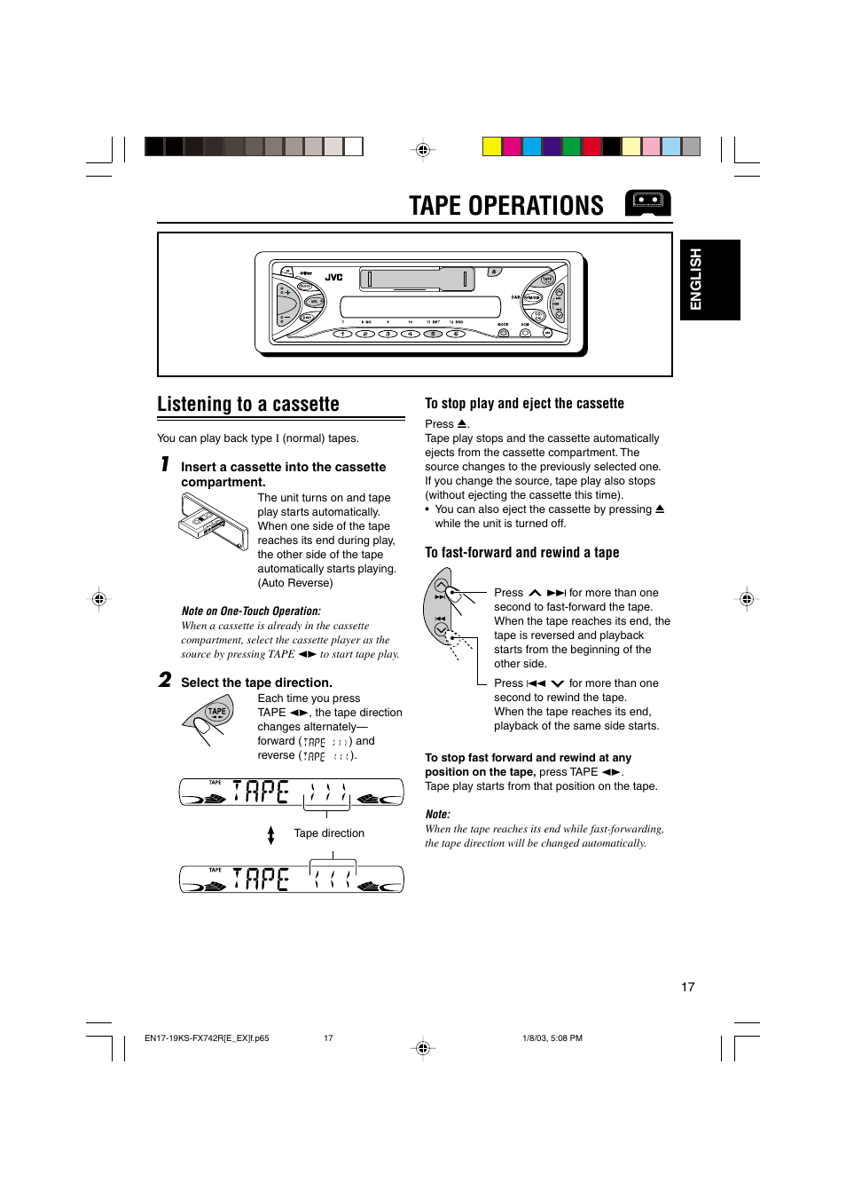 Tape operations, Listening to a cassette | JVC GET0114-001A User Manual | Page 17 / 42