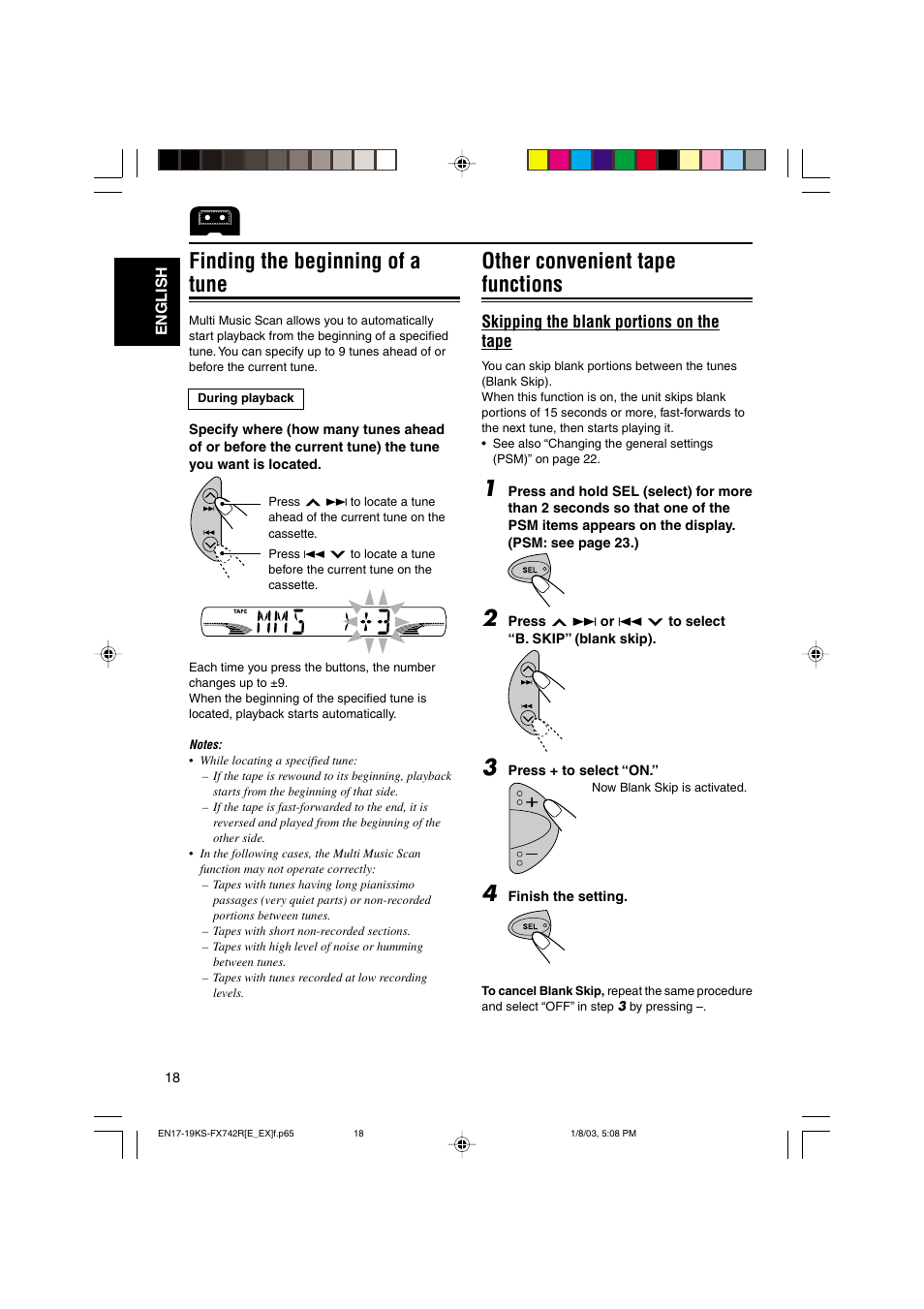 Other convenient tape functions, Finding the beginning of a tune | JVC GET0114-001A User Manual | Page 18 / 42