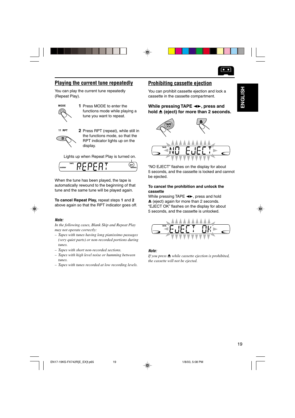 Playing the current tune repeatedly, Prohibiting cassette ejection | JVC GET0114-001A User Manual | Page 19 / 42