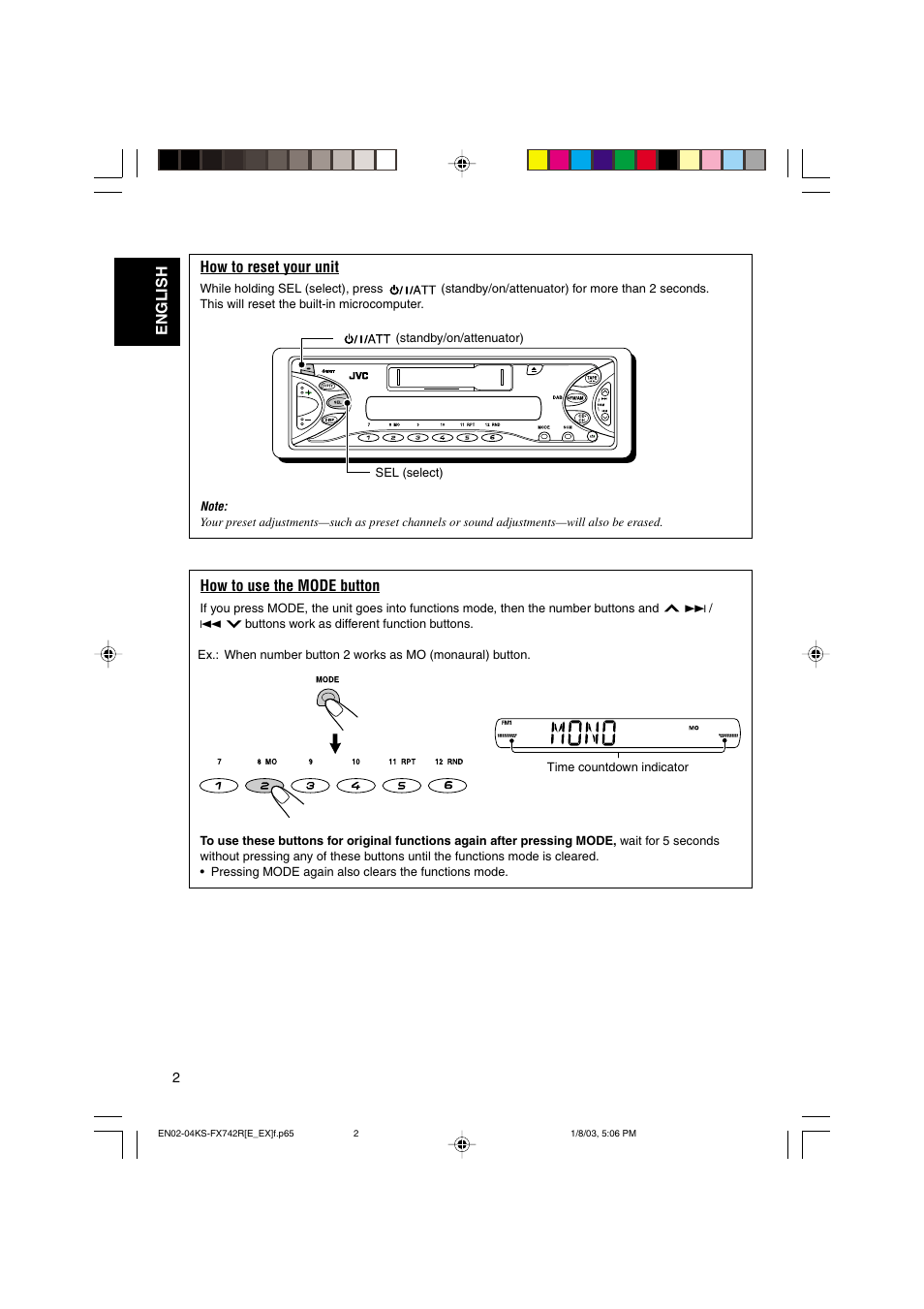 How to reset your unit, How to use the mode button, English how to reset your unit | JVC GET0114-001A User Manual | Page 2 / 42