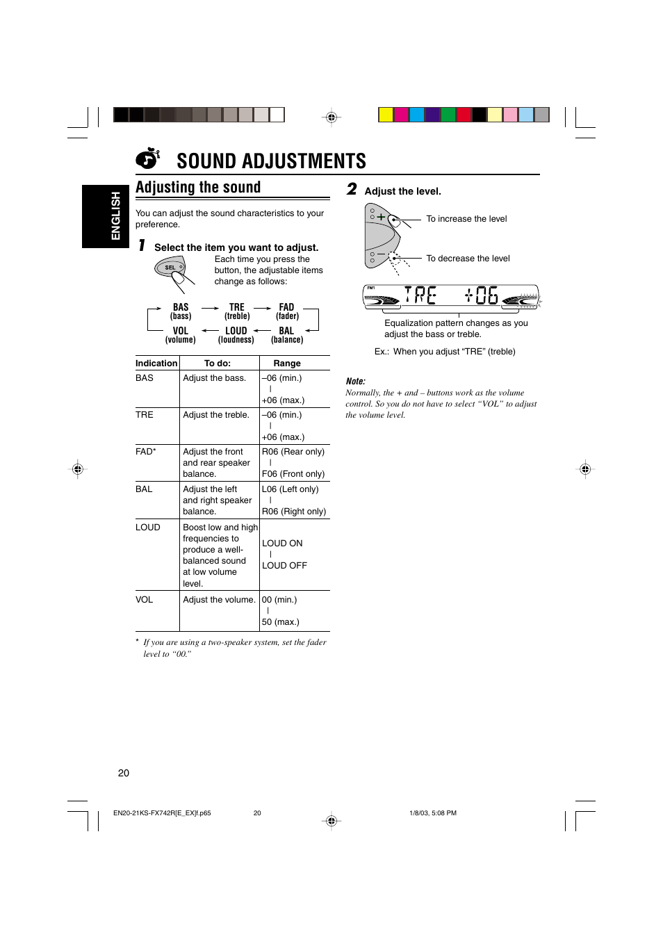 Sound adjustments, Adjusting the sound | JVC GET0114-001A User Manual | Page 20 / 42