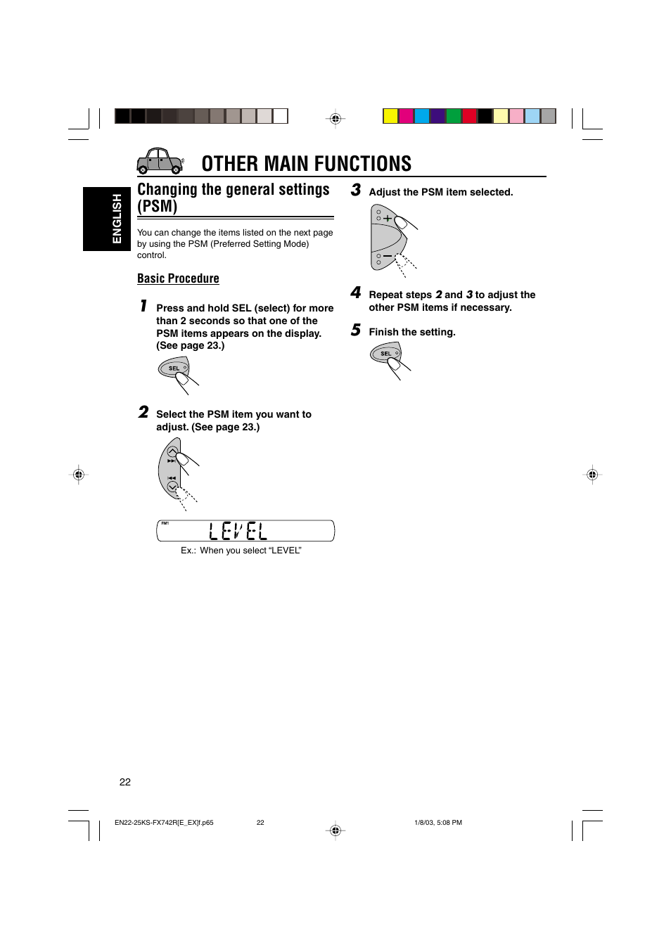 Other main functions, Changing the general settings (psm) | JVC GET0114-001A User Manual | Page 22 / 42