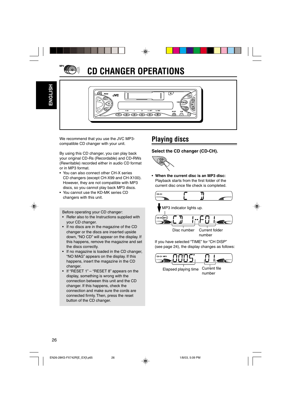 Cd changer operations, Playing discs | JVC GET0114-001A User Manual | Page 26 / 42