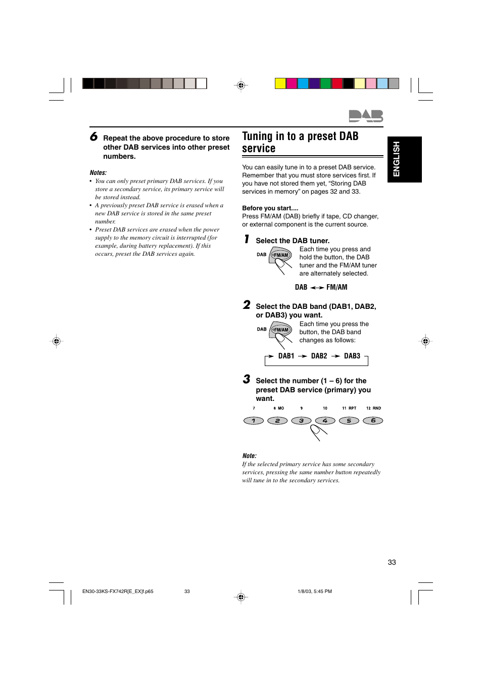 Tuning in to a preset dab service | JVC GET0114-001A User Manual | Page 33 / 42