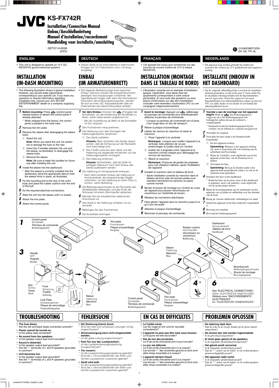 Installation/connection manual, Installation, Troubleshooting | Ks-fx742r, Installation (in-dash mounting), Einbau (im armaturenbrett), Installation (montage dans le tableau de bord), Installatie (inbouw in het dashboard), Fehlersuche, En cas de difficultes | JVC GET0114-001A User Manual | Page 39 / 42