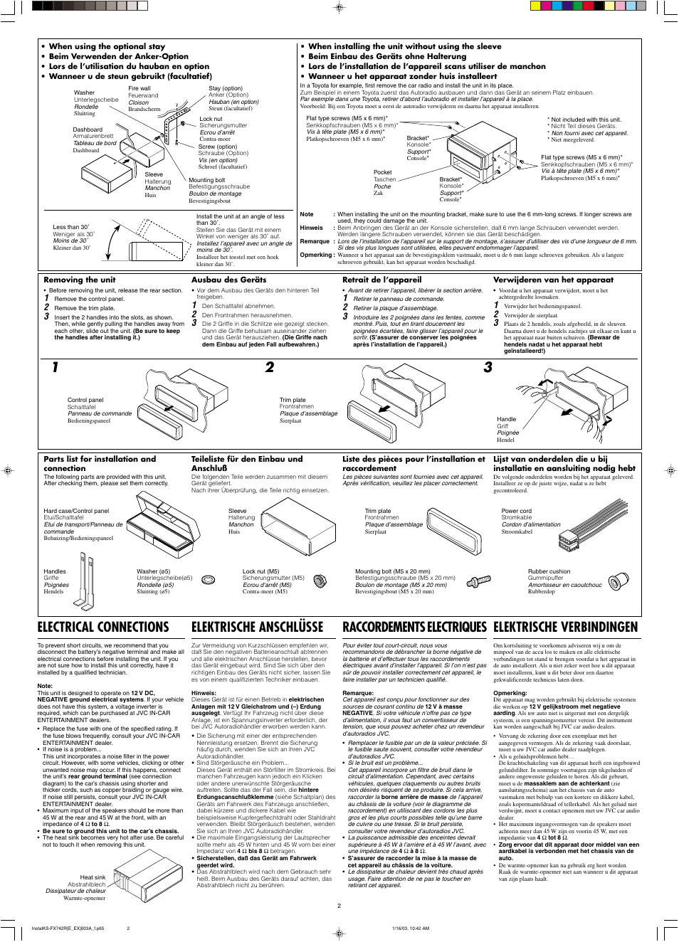 Electrical connections, Raccordements electriques, Elektrische anschlüsse | Elektrische verbindingen | JVC GET0114-001A User Manual | Page 40 / 42