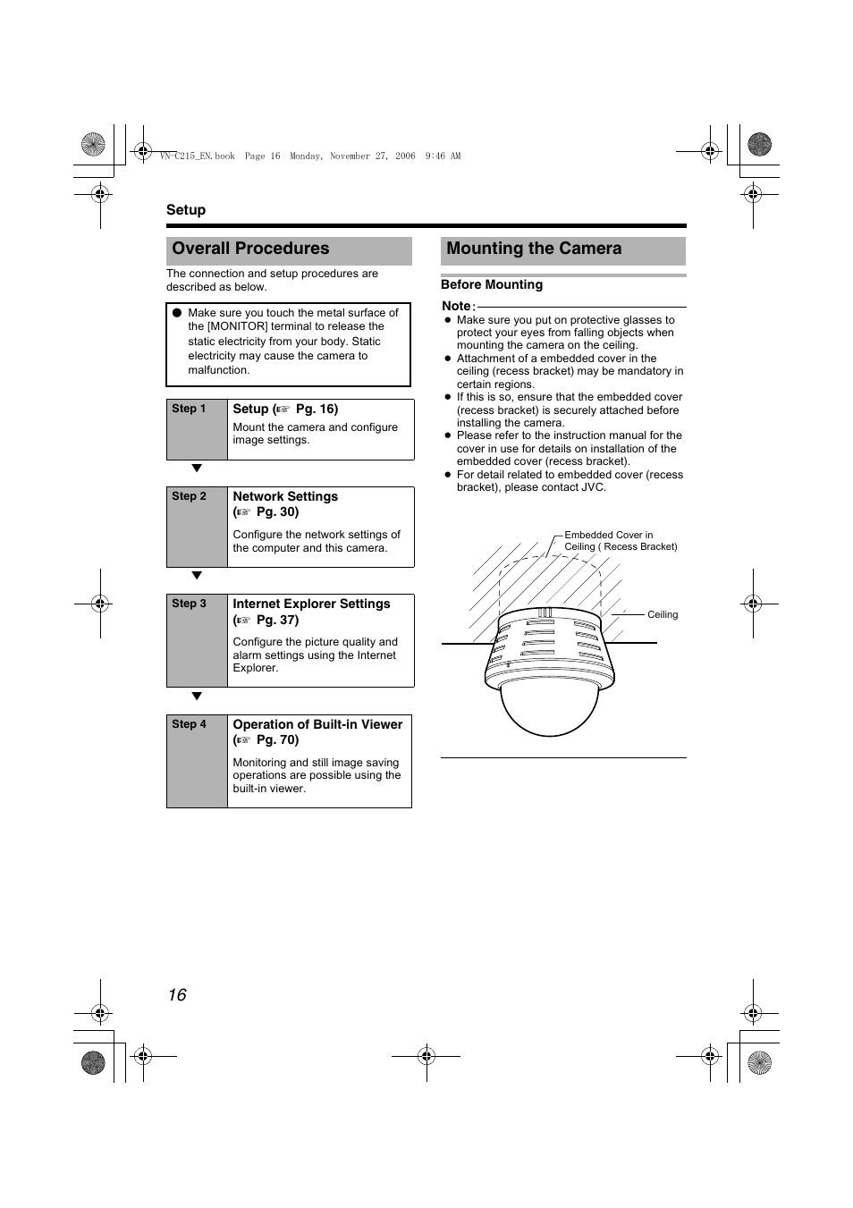 Setup, Overall procedures, Mounting the camera | Before mounting, Overall procedures mounting the camera | JVC VN-C215V4U User Manual | Page 16 / 86
