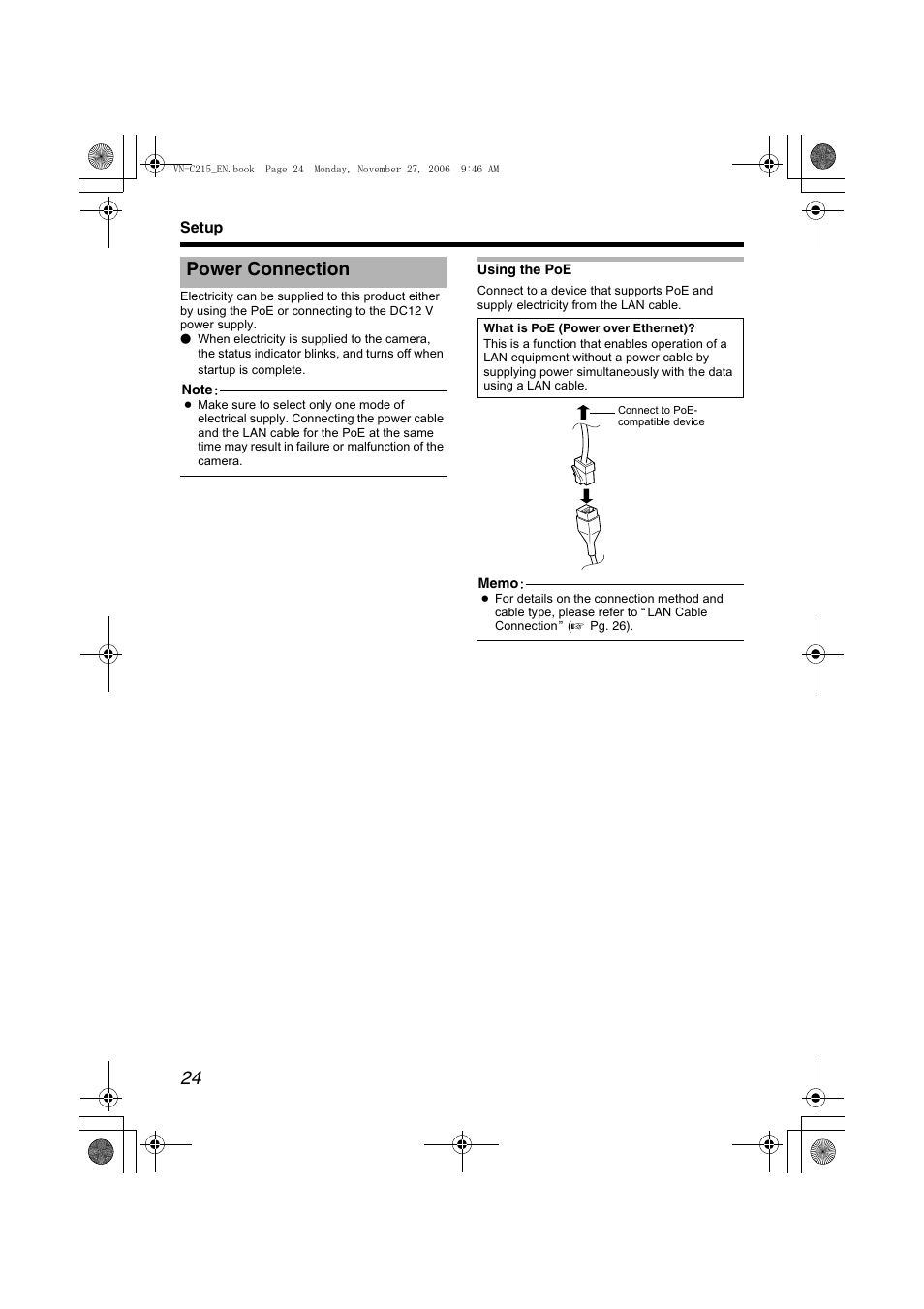 Power connection, Using the poe, A pg. 24, 25) | A pg. 24, A pg. 24) | JVC VN-C215V4U User Manual | Page 24 / 86