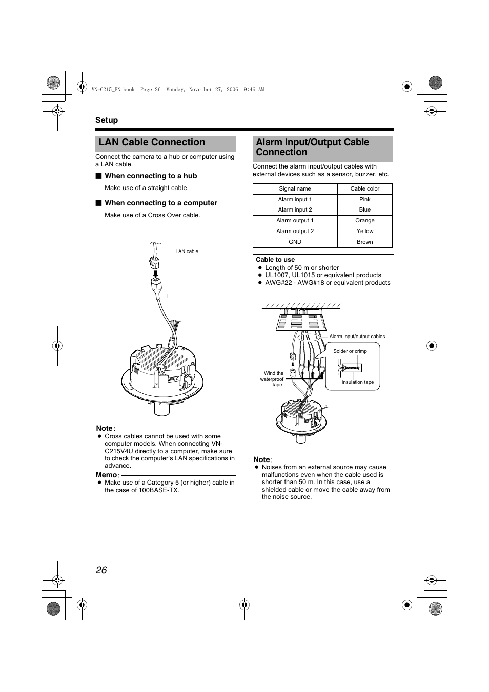 Lan cable connection, Alarm input/output cable connection, Lan cable connection alarm input/output | Cable connection, A pg. 26), Alan cable, Connection, B (a pg. 26) | JVC VN-C215V4U User Manual | Page 26 / 86