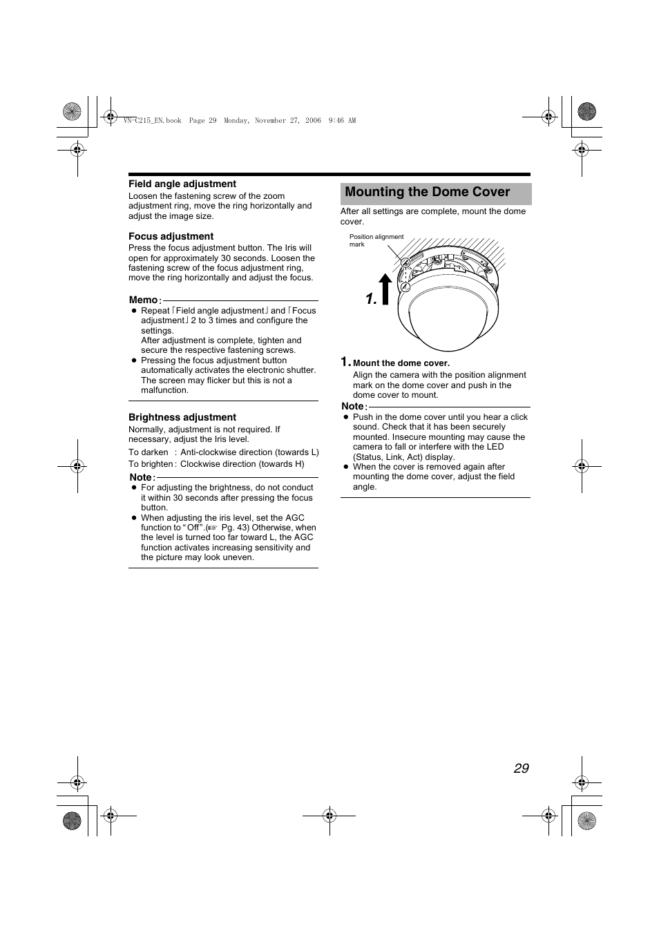 Mounting the dome cover, A pg. 29), A pg.29 | Emounting the dome coverf) | JVC VN-C215V4U User Manual | Page 29 / 86