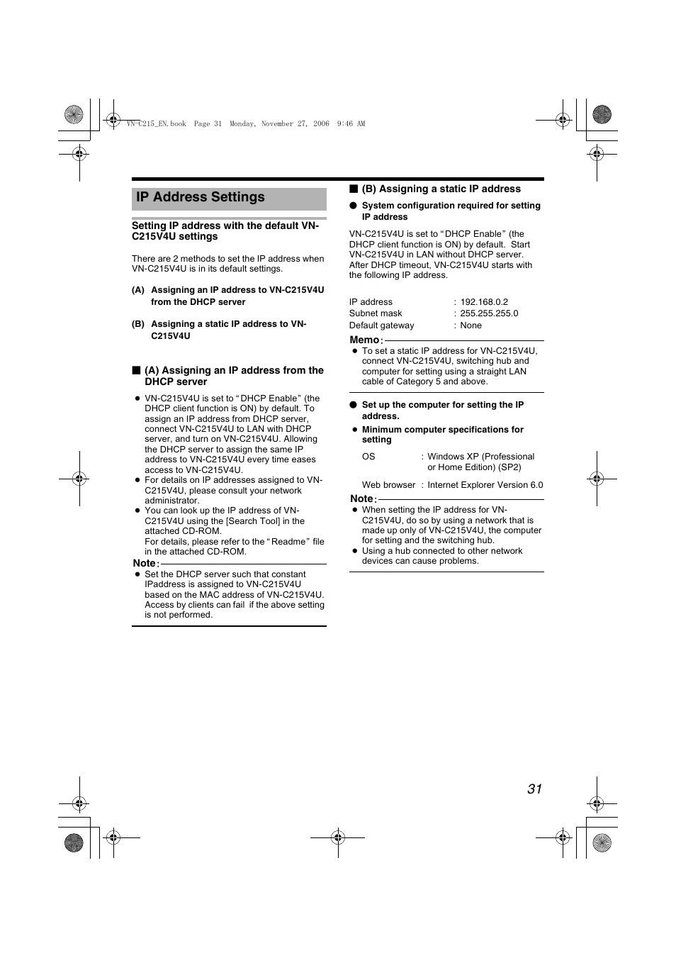 Ip address settings | JVC VN-C215V4U User Manual | Page 31 / 86