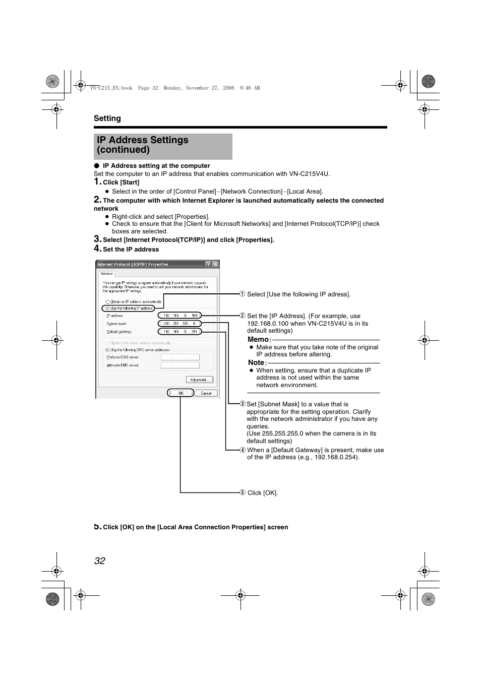 Ip address settings (continued) | JVC VN-C215V4U User Manual | Page 32 / 86