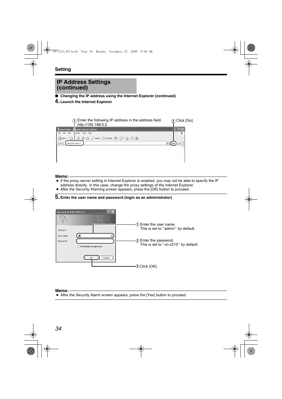 Ip address settings (continued) | JVC VN-C215V4U User Manual | Page 34 / 86