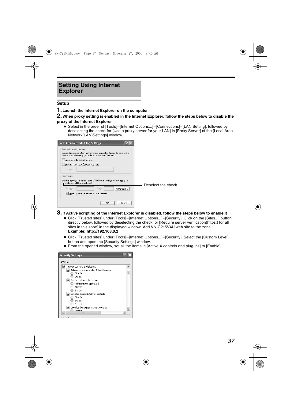 Setting using internet explorer, A pg. 37), Asetting using internet explorerb | Setting usi ng internet explorer | JVC VN-C215V4U User Manual | Page 37 / 86