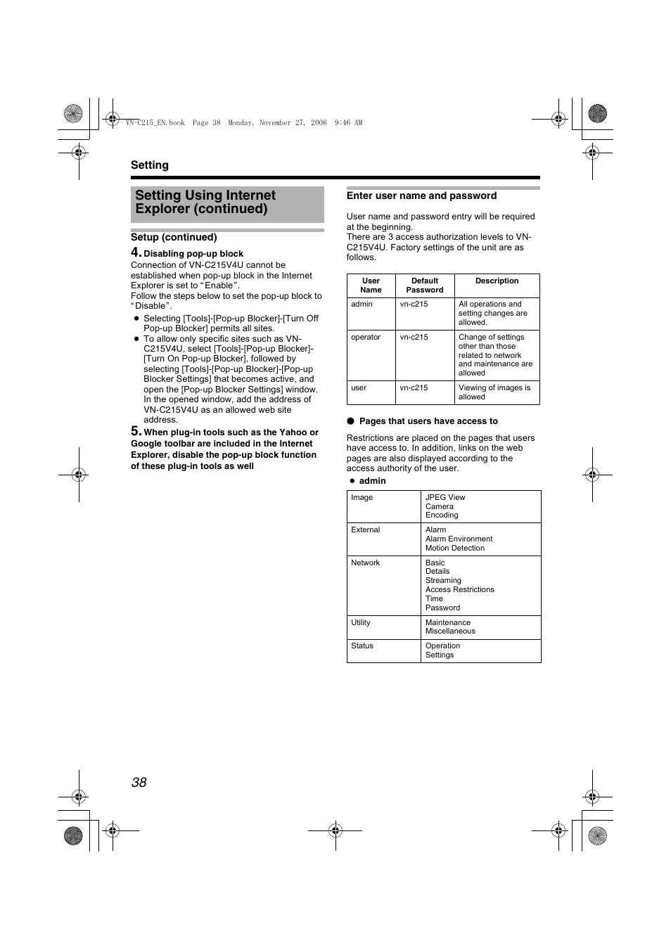 Enter user name and password, Setting using internet explorer (continued) | JVC VN-C215V4U User Manual | Page 38 / 86