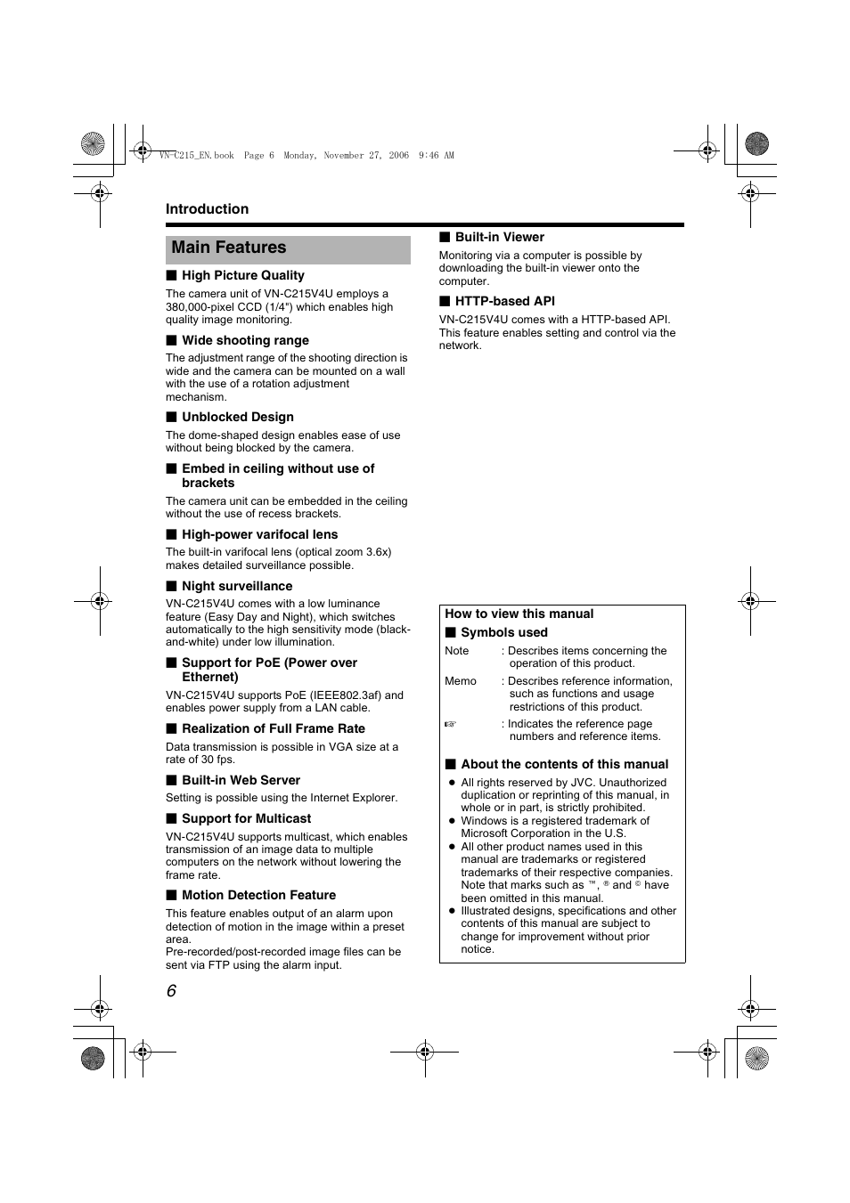 Main features | JVC VN-C215V4U User Manual | Page 6 / 86