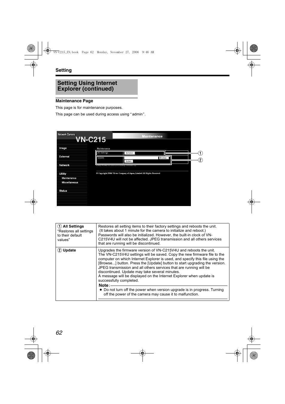 Setting using internet explorer (continued) | JVC VN-C215V4U User Manual | Page 62 / 86
