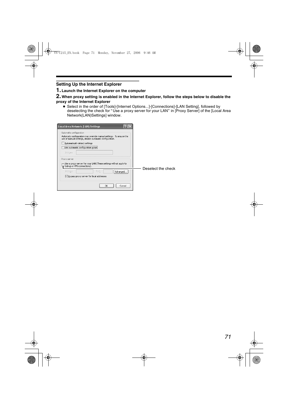 Setting up the internet explorer, A pg. 71) | JVC VN-C215V4U User Manual | Page 71 / 86