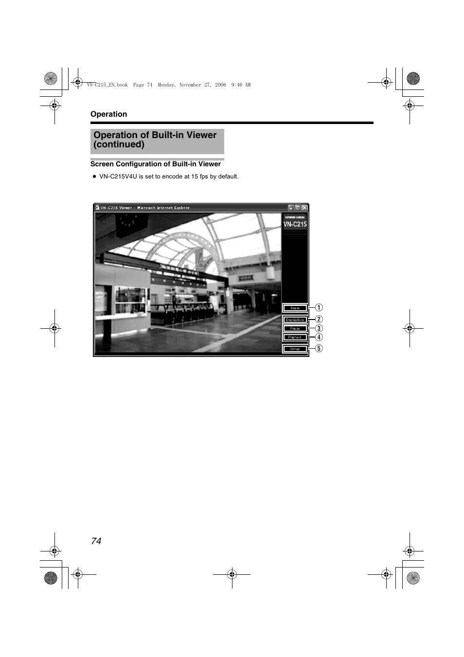 Screen configuration of built-in viewer, Screen configuration of built-in, Viewer | A pg. 74), Operation of built-in viewer (continued) | JVC VN-C215V4U User Manual | Page 74 / 86