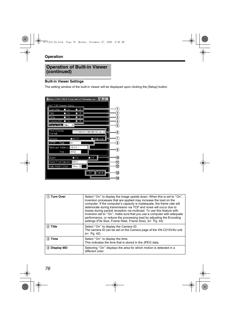 Built-in viewer settings, Abuilt-in viewer settingsb (a pg. 76), A pg. 76) | Operation of built-in viewer (continued) | JVC VN-C215V4U User Manual | Page 76 / 86