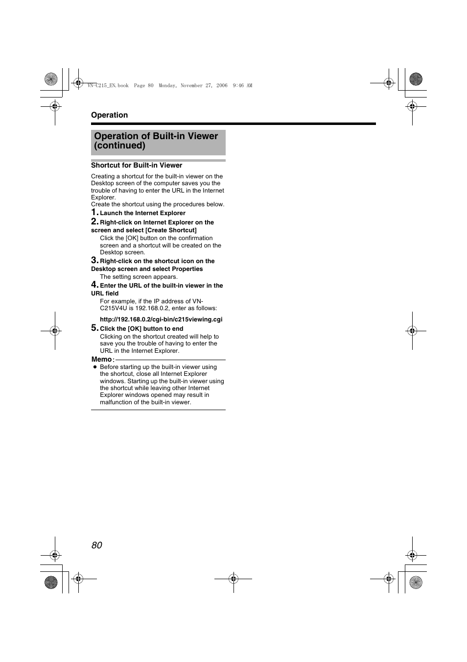 Shortcut for built-in viewer, Viewer (a pg. 80), Operation of built-in viewer (continued) | JVC VN-C215V4U User Manual | Page 80 / 86