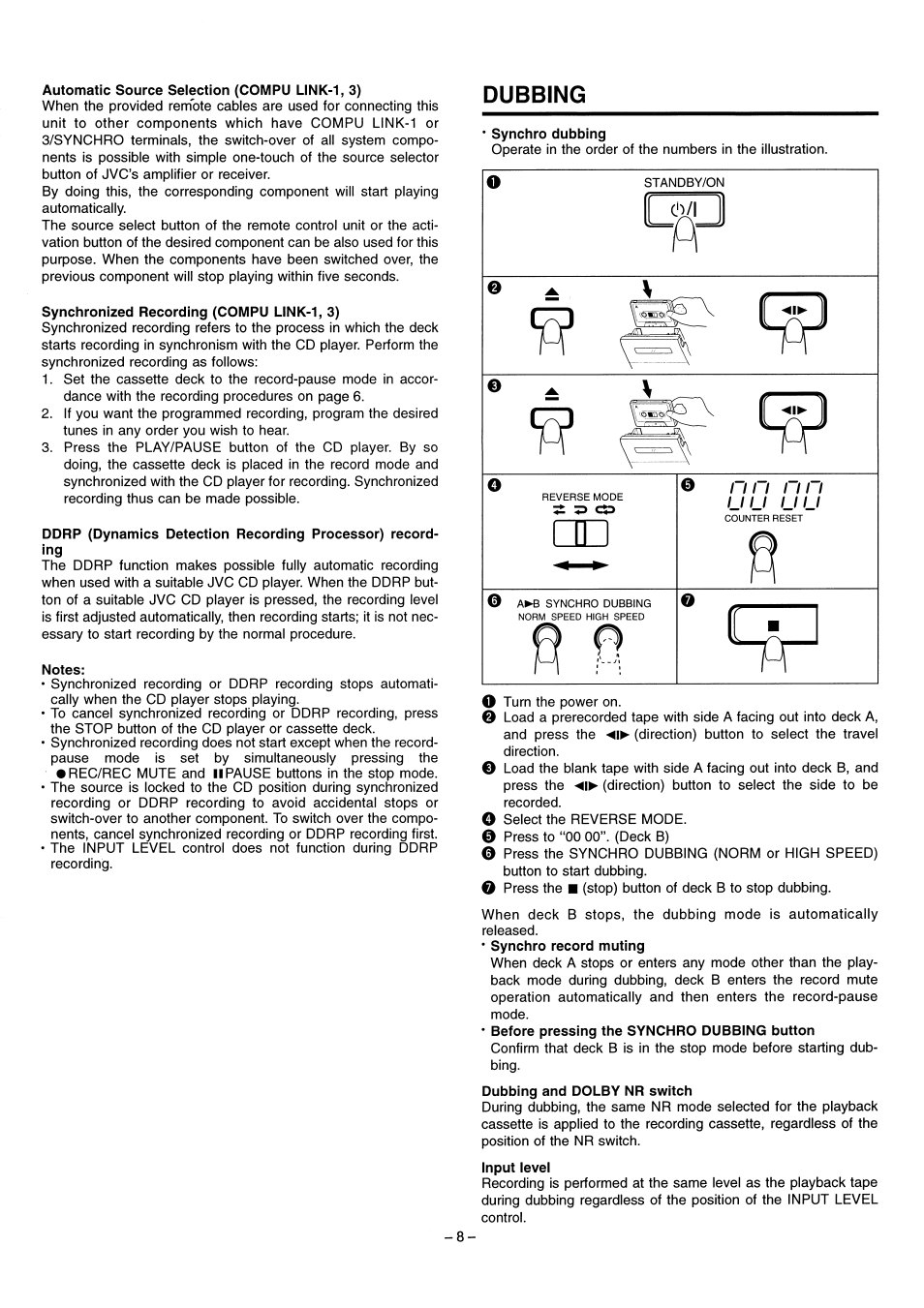 Automatic source selection (compu link-1, 3), Synchronized recording (compu link-1, 3), Notes | Synchro dubbing, Dubbing | JVC LVT1089-001B User Manual | Page 10 / 12