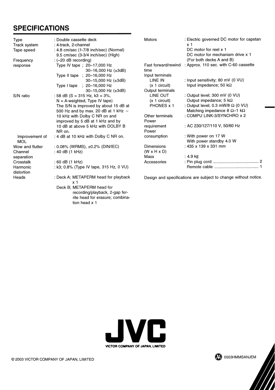 Specifications | JVC LVT1089-001B User Manual | Page 12 / 12