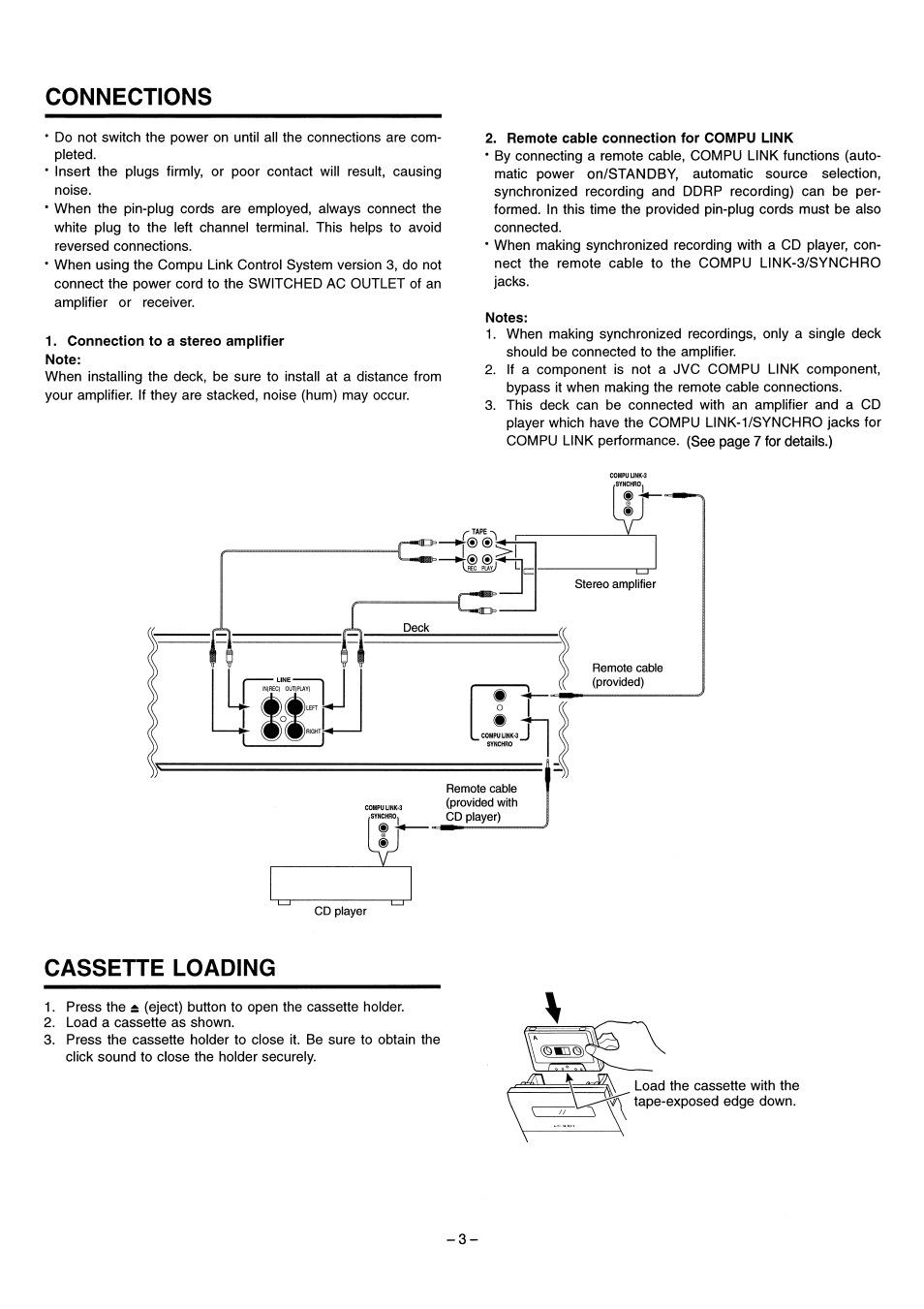 Connection to a stereo amplifier, Remote cable connection for compu link, Notes | Connections, Cassette loading | JVC LVT1089-001B User Manual | Page 5 / 12