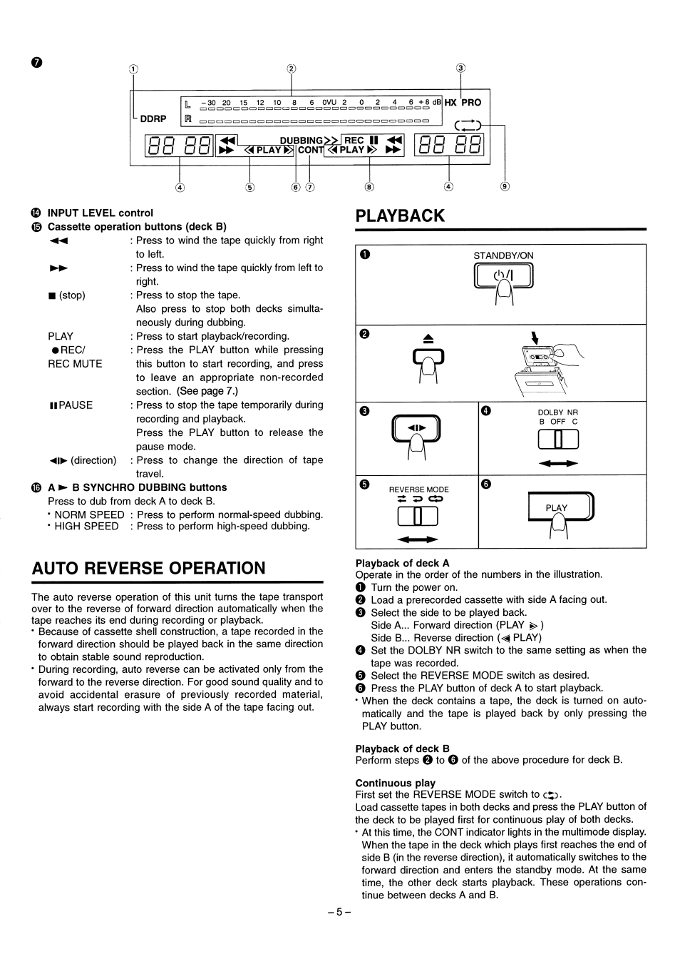 0 a ► b synchro dubbing buttons, Auto reverse operation, Playback | Playback of deck a, Playback of deck b, Continuous play | JVC LVT1089-001B User Manual | Page 7 / 12