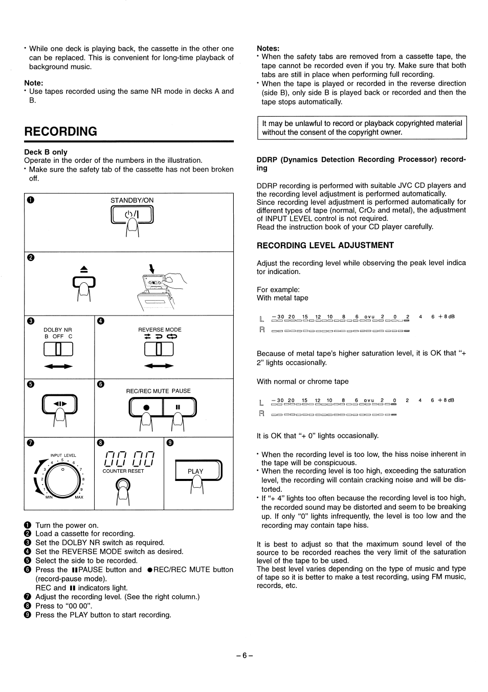 Note, Notes, Deck b only | Recording level adjustment, Recording | JVC LVT1089-001B User Manual | Page 8 / 12