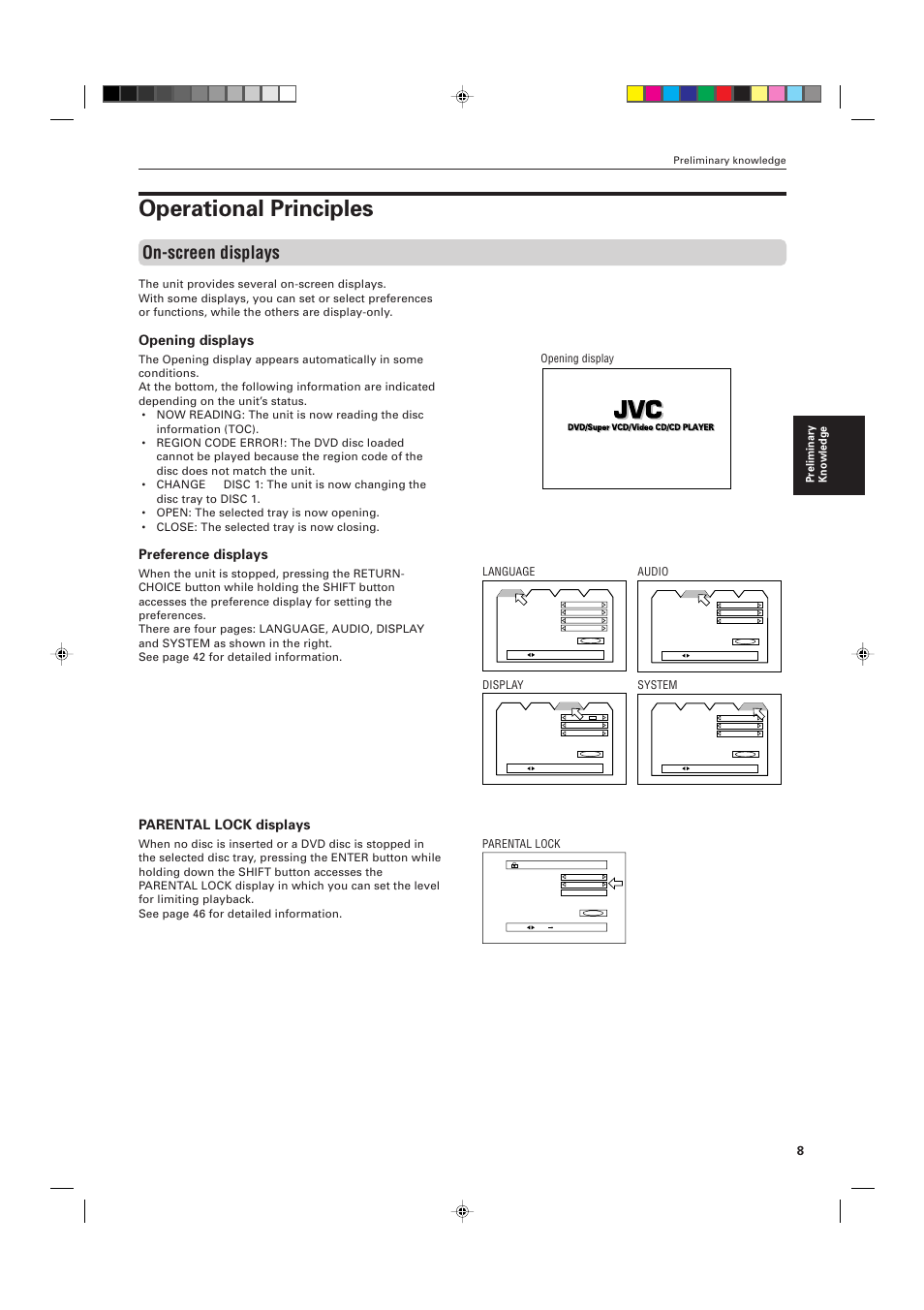 Operational principles, On-screen displays, Opening displays | Preference displays, Parental lock displays, Preliminary knowledge, Parental lock now reading opening display, Language audio display system | JVC XV-M556TN User Manual | Page 11 / 56