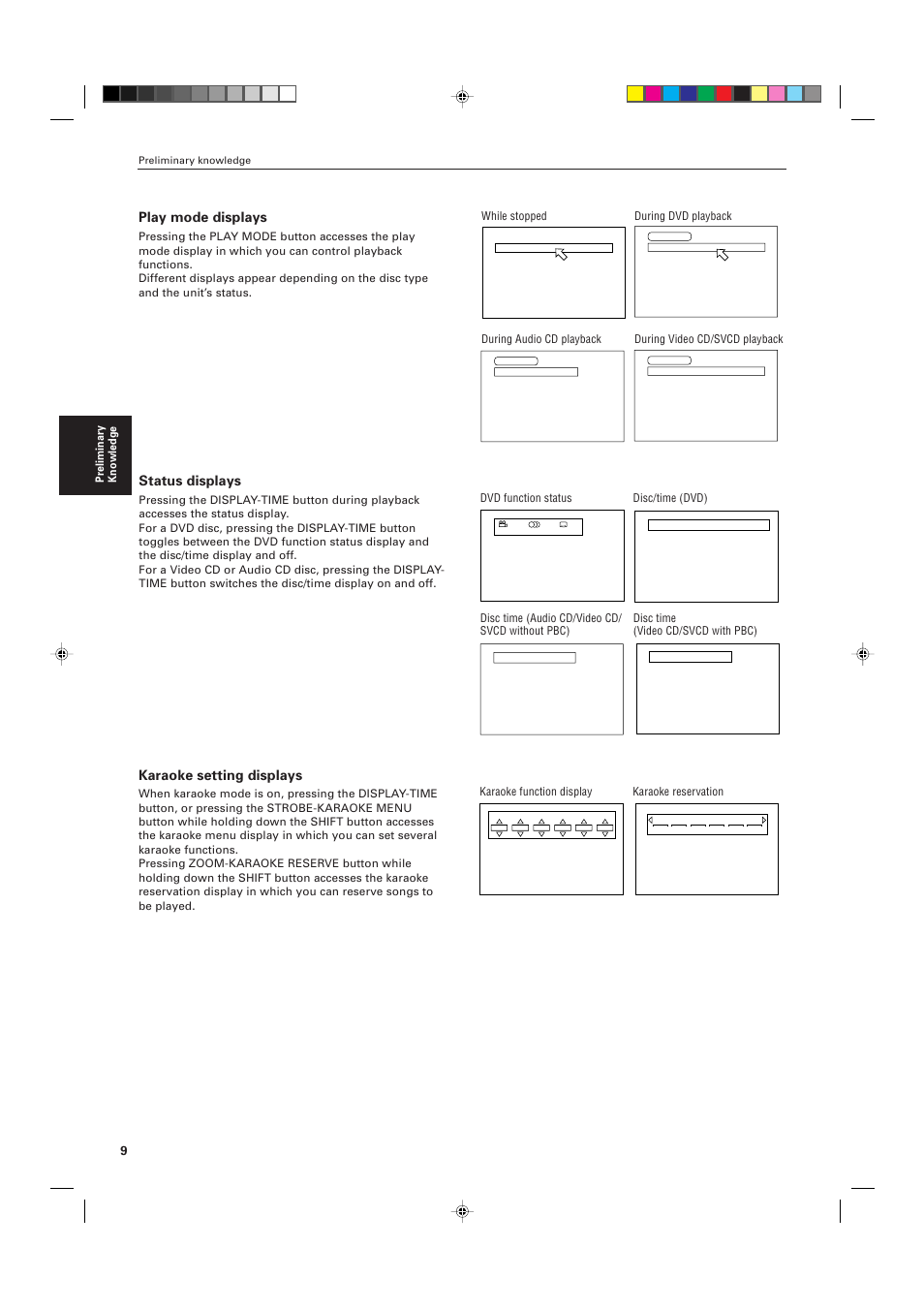 Play mode displays, Status displays, Karaoke setting displays | Preliminary knowledge, While stopped during dvd playback | JVC XV-M556TN User Manual | Page 12 / 56